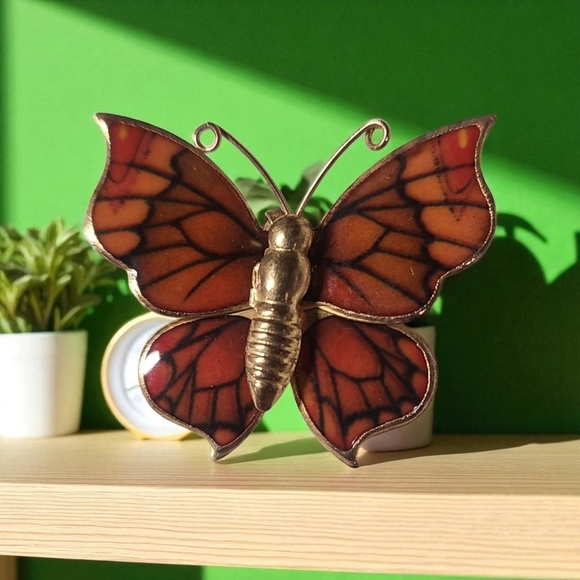 Vintage gold tone enamel orange black butterfly brooch pin / necklace pe… - Picture 4 of 17